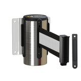 Wall Mounted Retractable Belt Barrier, Fixed Mount, Polished Stainless Steel Casing with Standard Belt End, 8.5 ft Belt - Montour Line WM115 - Crowd Control Warehouse