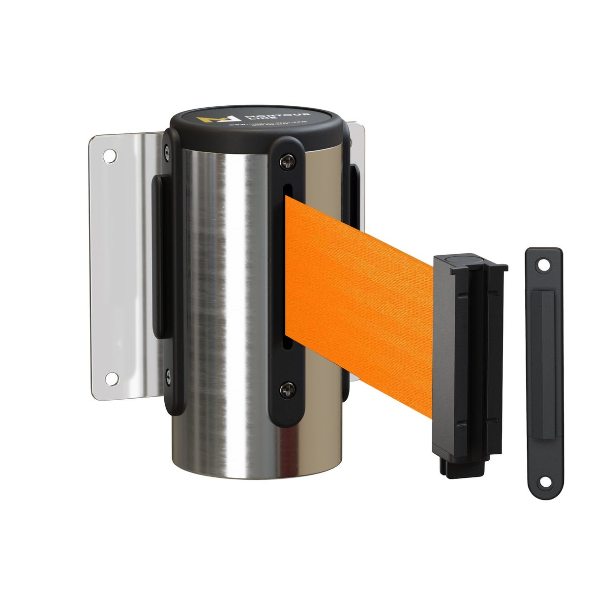 Wall Mounted Retractable Belt Barrier, Fixed Mount, Polished Stainless Steel Casing with Standard Belt End, 8.5 ft Belt - Montour Line WM115 - Crowd Control Warehouse