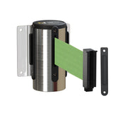 Wall Mounted Retractable Belt Barrier, Fixed Mount, Polished Stainless Steel Casing with Standard Belt End, 8.5 ft Belt - Montour Line WM115 - Crowd Control Warehouse