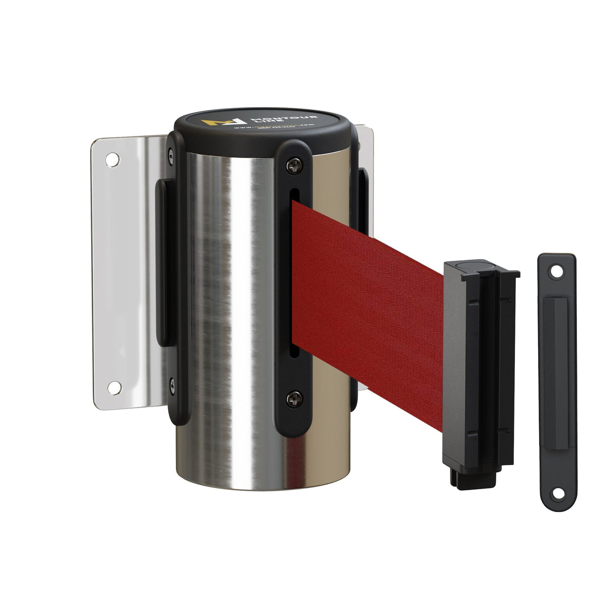 Wall Mounted Retractable Belt Barrier, Fixed Mount, Polished Stainless Steel Casing with Standard Belt End, 8.5 ft Belt - Montour Line WM115 - Crowd Control Warehouse