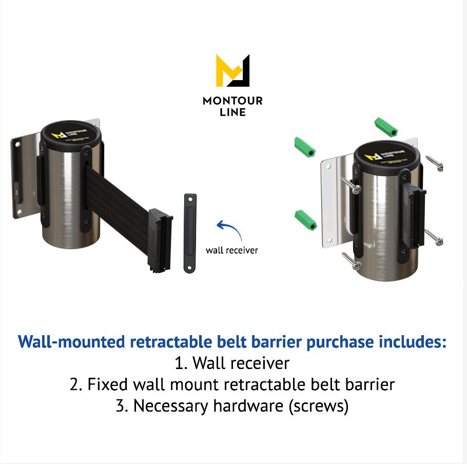 Wall Mounted Retractable Belt Barrier, Fixed Mount, Polished Stainless Steel Casing with Standard Belt End, 8.5 ft Belt - Montour Line WM115 - Crowd Control Warehouse