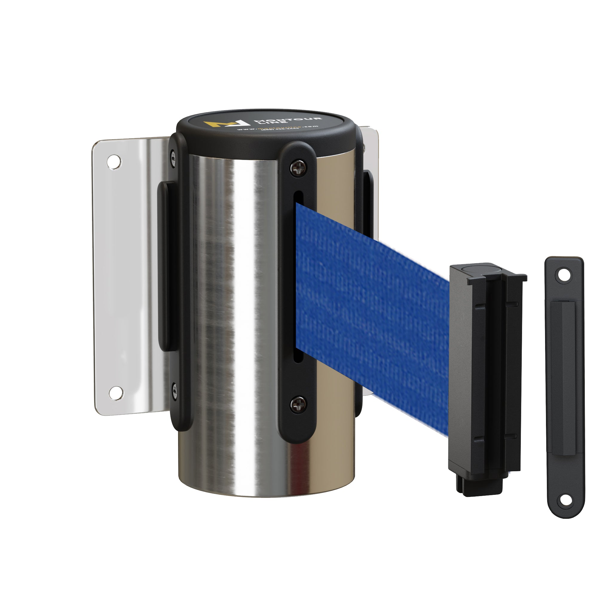 Wall Mounted Retractable Belt Barrier, Fixed Mount, Polished Stainless Steel Casing with Standard Belt End, 8.5 ft Belt - Montour Line WM115 - Crowd Control Warehouse