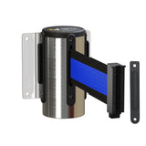 Wall Mounted Retractable Belt Barrier, Fixed Mount, Polished Stainless Steel Casing with Standard Belt End, 8.5 ft Belt - Montour Line WM115 - Crowd Control Warehouse