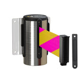 Wall Mounted Retractable Belt Barrier, Fixed Mount, Polished Stainless Steel Casing with Standard Belt End, 8.5 ft Belt - Montour Line WM115 - Crowd Control Warehouse