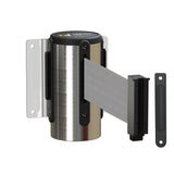Wall Mounted Retractable Belt Barrier, Fixed Mount, Polished Stainless Steel Casing with Standard Belt End, 8.5 ft Belt - Montour Line WM115 - Crowd Control Warehouse