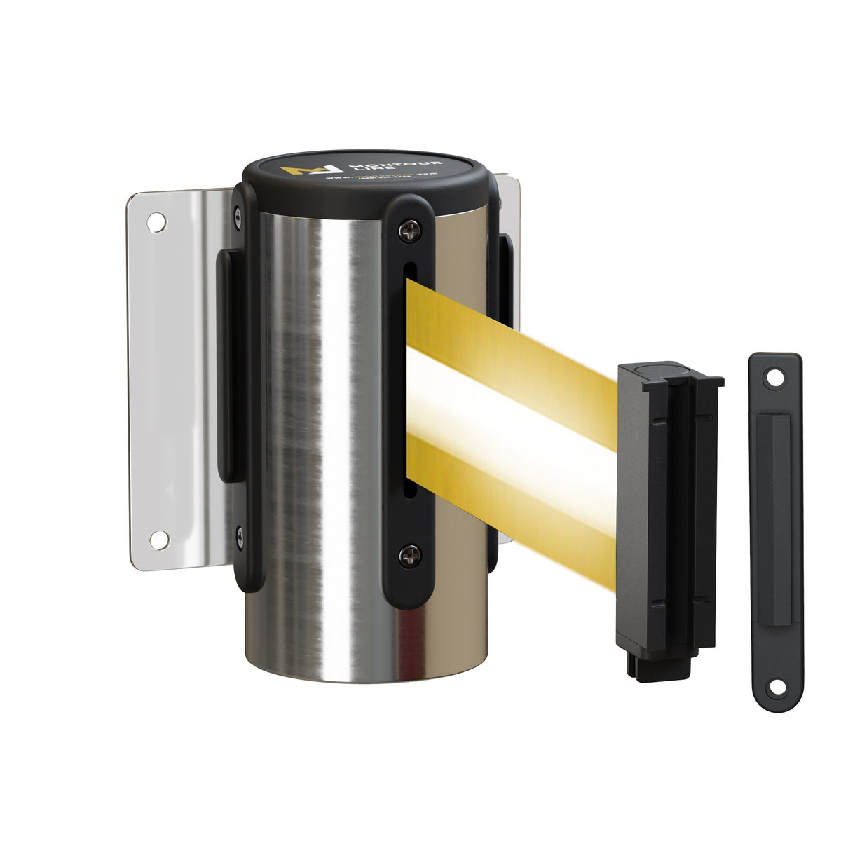 Wall Mounted Retractable Belt Barrier, Fixed Mount, Polished Stainless Steel Casing with Standard Belt End, 8.5 ft Belt - Montour Line WM115 - Crowd Control Warehouse