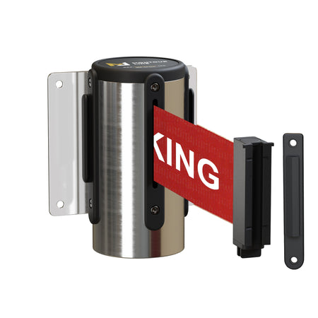 Wall Mounted Retractable Belt Barrier, Fixed Mount, Polished Stainless Steel Casing with Standard Belt End, 8.5 ft Belt - Montour Line WM115 - Crowd Control Warehouse