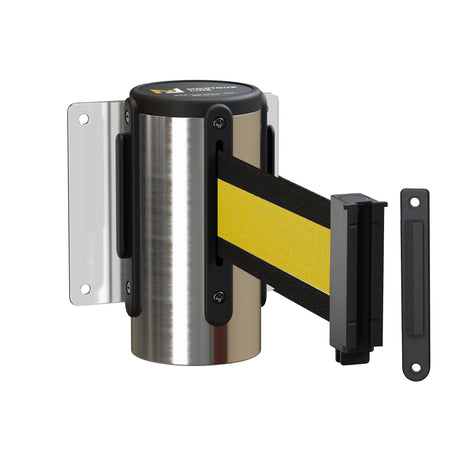 Wall Mounted Retractable Belt Barrier, Fixed Mount, Polished Stainless Steel Casing with Standard Belt End, 8.5 ft Belt - Montour Line WM115 - Crowd Control Warehouse