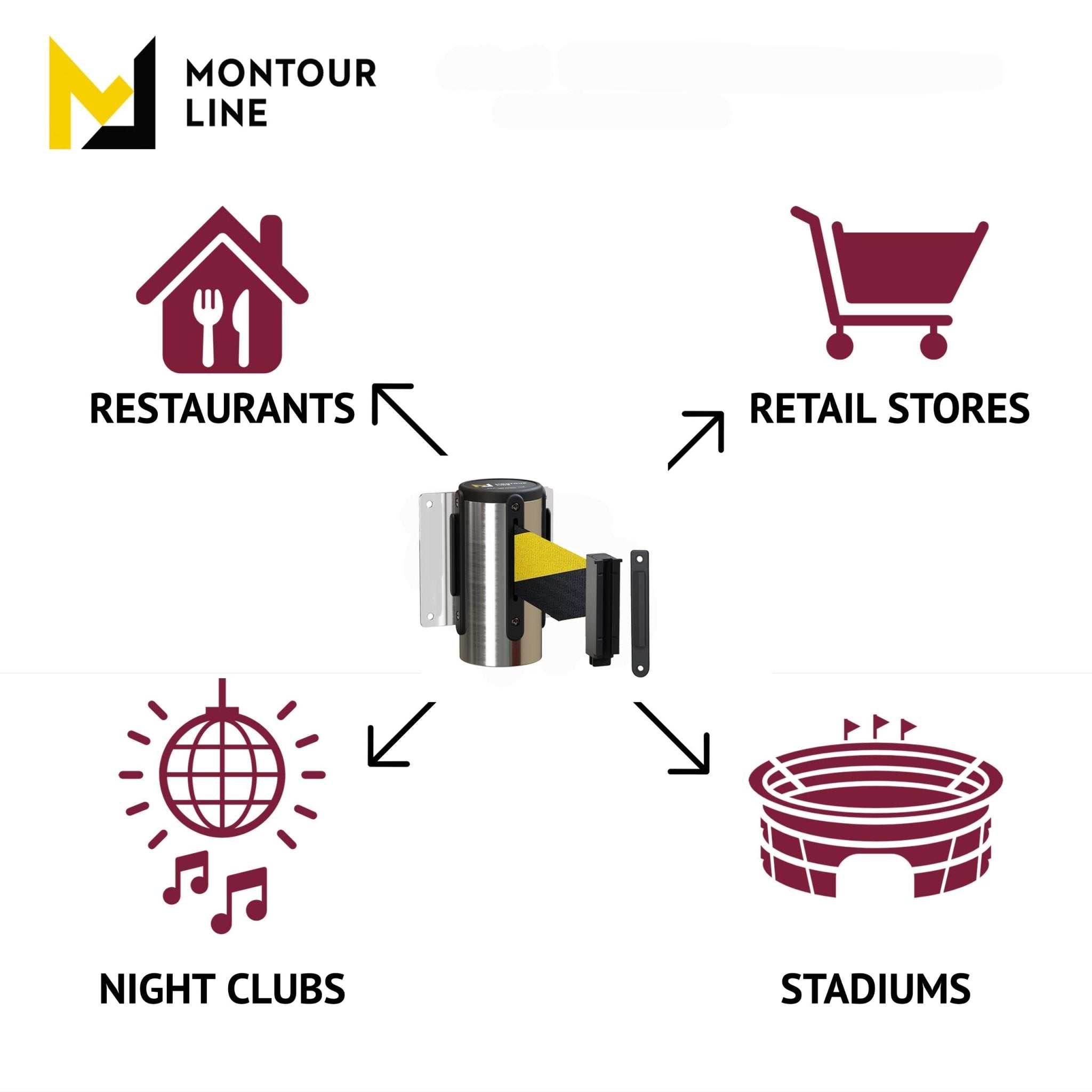 Wall Mounted Retractable Belt Barrier, Fixed Mount, Polished Stainless Steel Casing with Standard Belt End, 8.5 ft Belt - Montour Line WM115 - Crowd Control Warehouse