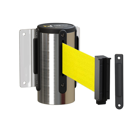 Wall Mounted Retractable Belt Barrier, Fixed Mount, Polished Stainless Steel Casing with Standard Belt End, 8.5 ft Belt - Montour Line WM115 - Crowd Control Warehouse