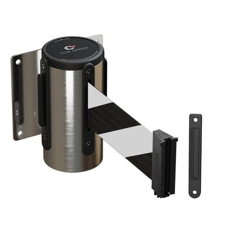 Wall Mounted Retractable Belt Barrier Fixed, Polished Stainless Steel Case, 8.5 and 11 Ft. Belt - CCW Series WMB - 120 - Crowd Control Warehouse
