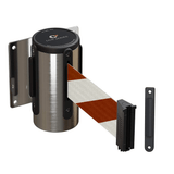 Wall Mounted Retractable Belt Barrier Fixed, Polished Stainless Steel Case, 8.5 and 11 Ft. Belt - CCW Series WMB - 120 - Crowd Control Warehouse