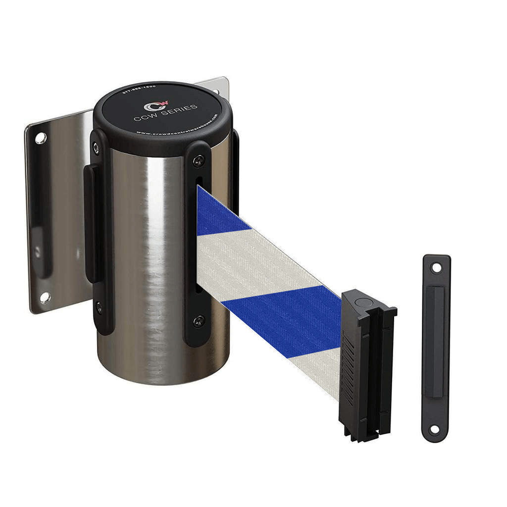 Wall Mounted Retractable Belt Barrier Fixed, Polished Stainless Steel Case, 8.5 and 11 Ft. Belt - CCW Series WMB - 120 - Crowd Control Warehouse
