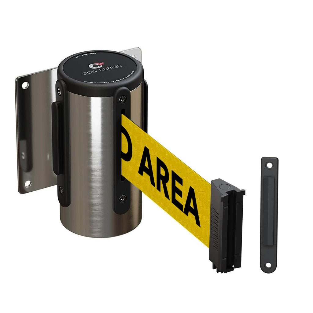 Wall Mounted Retractable Belt Barrier Fixed, Polished Stainless Steel Case, 8.5 and 11 Ft. Belt - CCW Series WMB - 120 - Crowd Control Warehouse