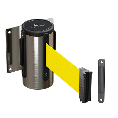 Wall Mounted Retractable Belt Barrier Fixed, Polished Stainless Steel Case, 8.5 and 11 Ft. Belt - CCW Series WMB - 120 - Crowd Control Warehouse