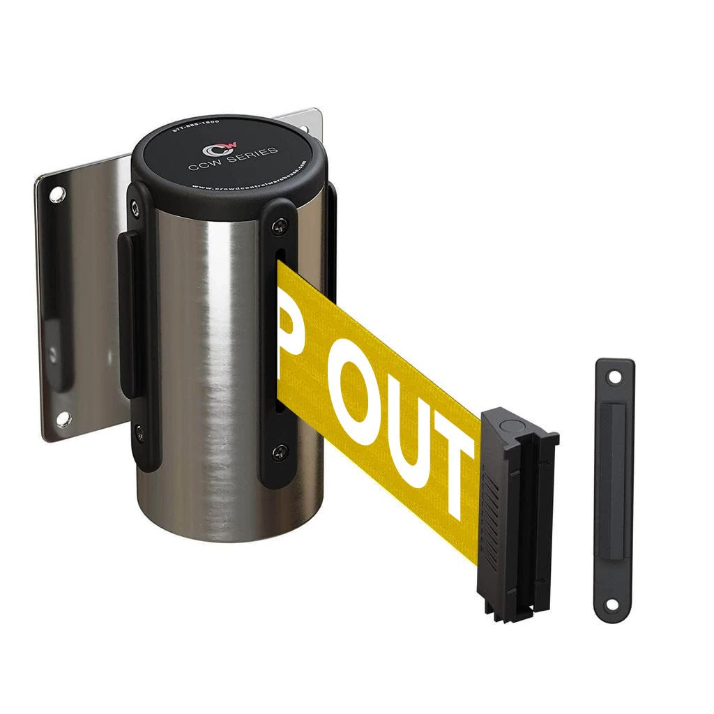 Wall Mounted Retractable Belt Barrier Fixed, Polished Stainless Steel Case, 8.5 and 11 Ft. Belt - CCW Series WMB - 120 - Crowd Control Warehouse