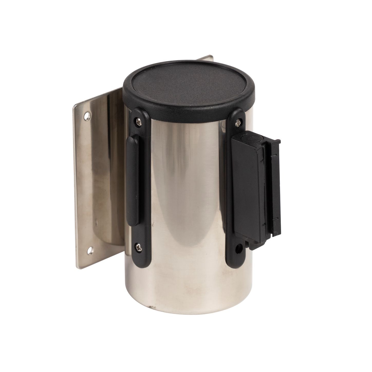 Wall Mounted Retractable Belt Barrier Fixed, Polished Stainless Steel Case, 8.5 and 11 Ft. Belt - CCW Series WMB - 120 - Crowd Control Warehouse