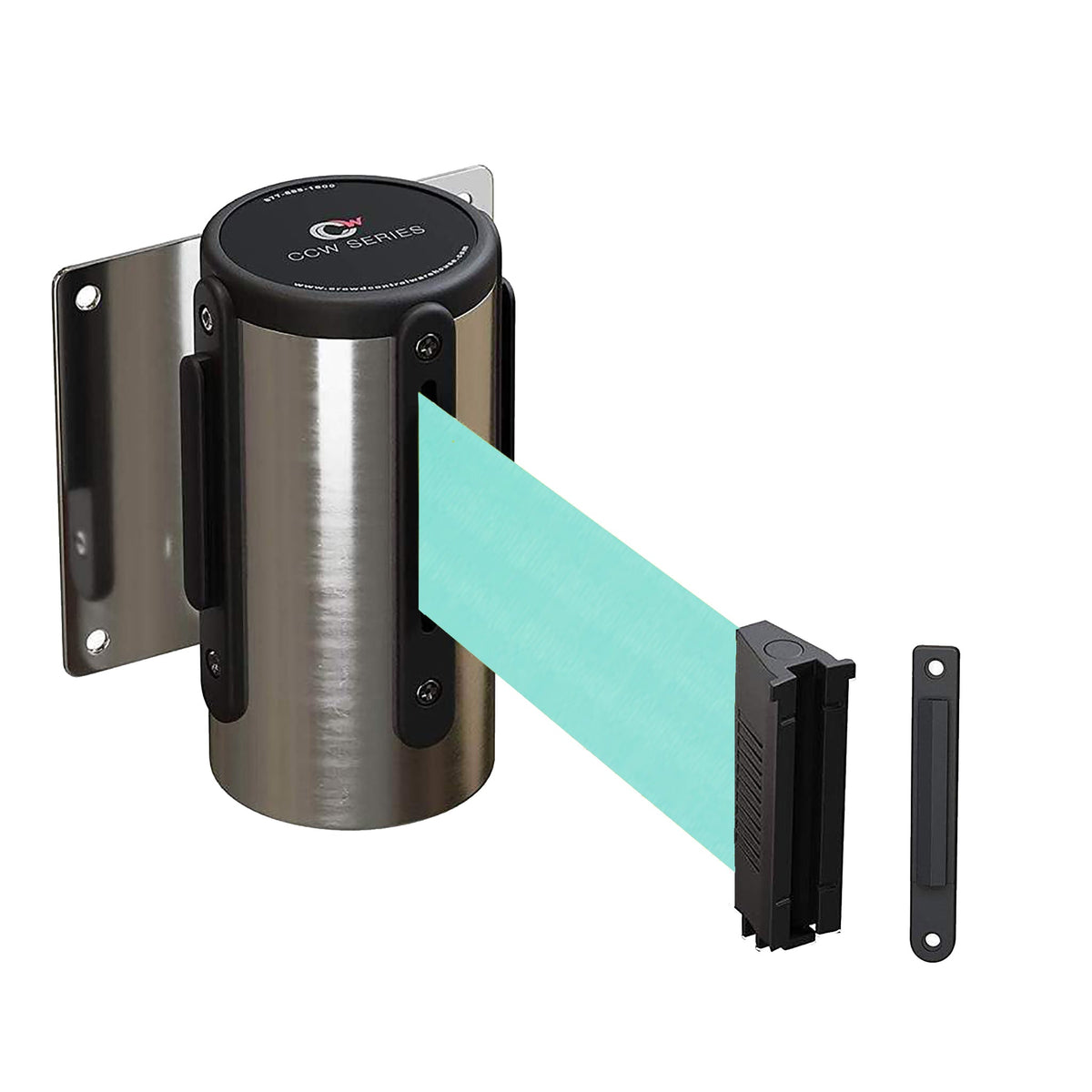 Wall Mounted Retractable Belt Barrier Fixed, Polished Stainless Steel Case, 8.5 and 11 Ft. Belt - CCW Series WMB - 120 - Crowd Control Warehouse