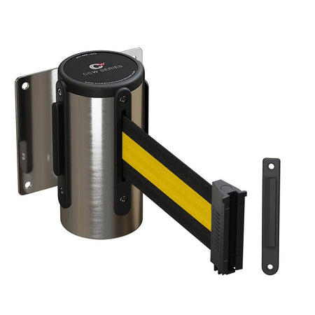 Wall Mounted Retractable Belt Barrier Fixed, Polished Stainless Steel Case, 8.5 and 11 Ft. Belt - CCW Series WMB - 120 - Crowd Control Warehouse