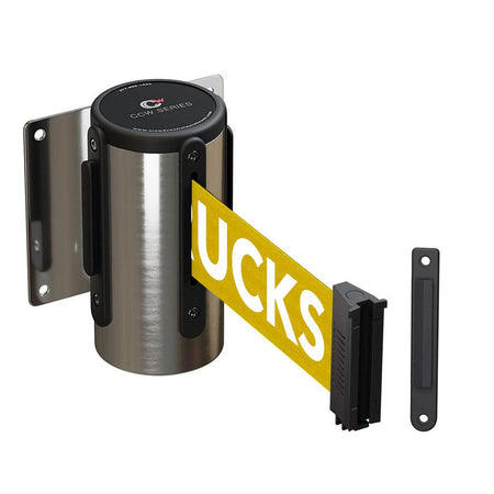 Wall Mounted Retractable Belt Barrier Fixed, Polished Stainless Steel Case, 8.5 and 11 Ft. Belt - CCW Series WMB - 120 - Crowd Control Warehouse