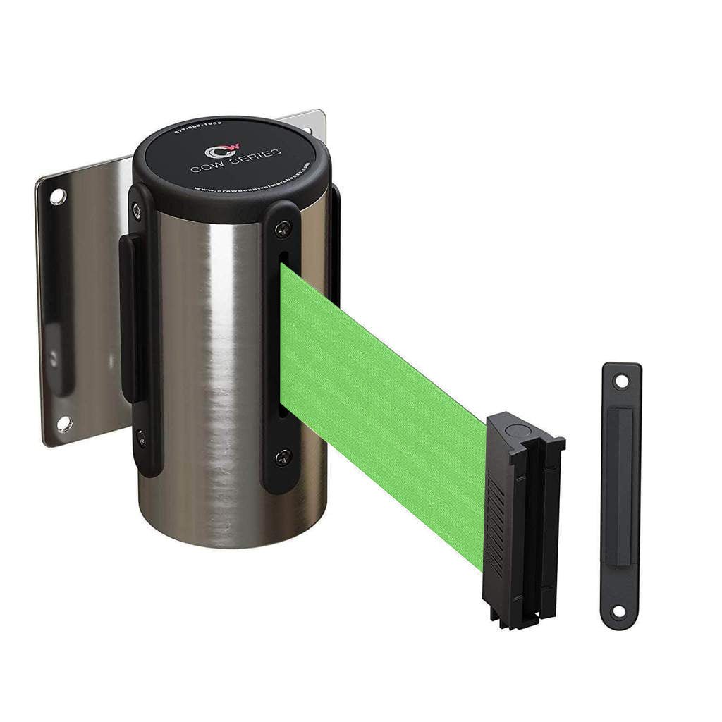 Wall Mounted Retractable Belt Barrier Fixed, Polished Stainless Steel Case, 8.5 and 11 Ft. Belt - CCW Series WMB - 120 - Crowd Control Warehouse