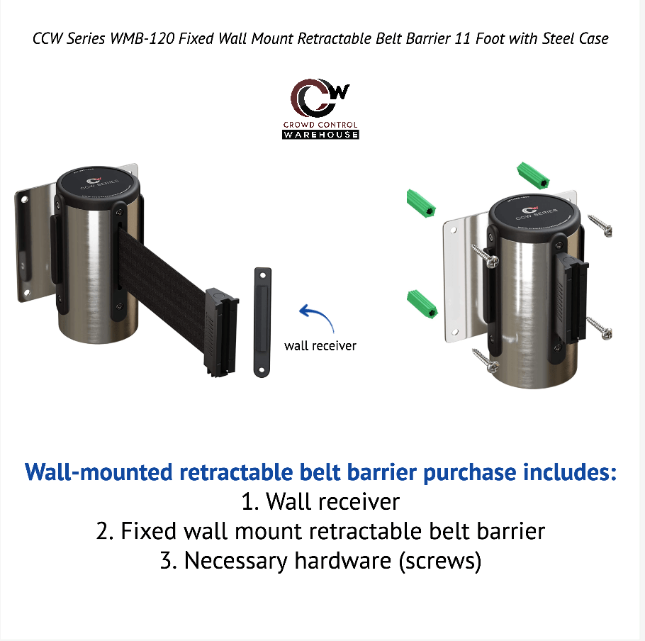 Wall Mounted Retractable Belt Barrier Fixed, Polished Stainless Steel Case, 8.5 and 11 Ft. Belt - CCW Series WMB - 120 - Crowd Control Warehouse