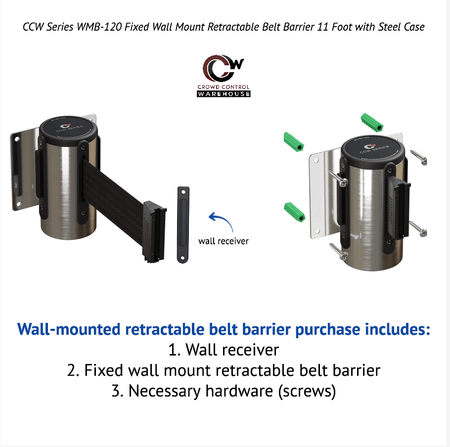Wall Mounted Retractable Belt Barrier Fixed, Polished Stainless Steel Case, 8.5 and 11 Ft. Belt - CCW Series WMB - 120 - Crowd Control Warehouse