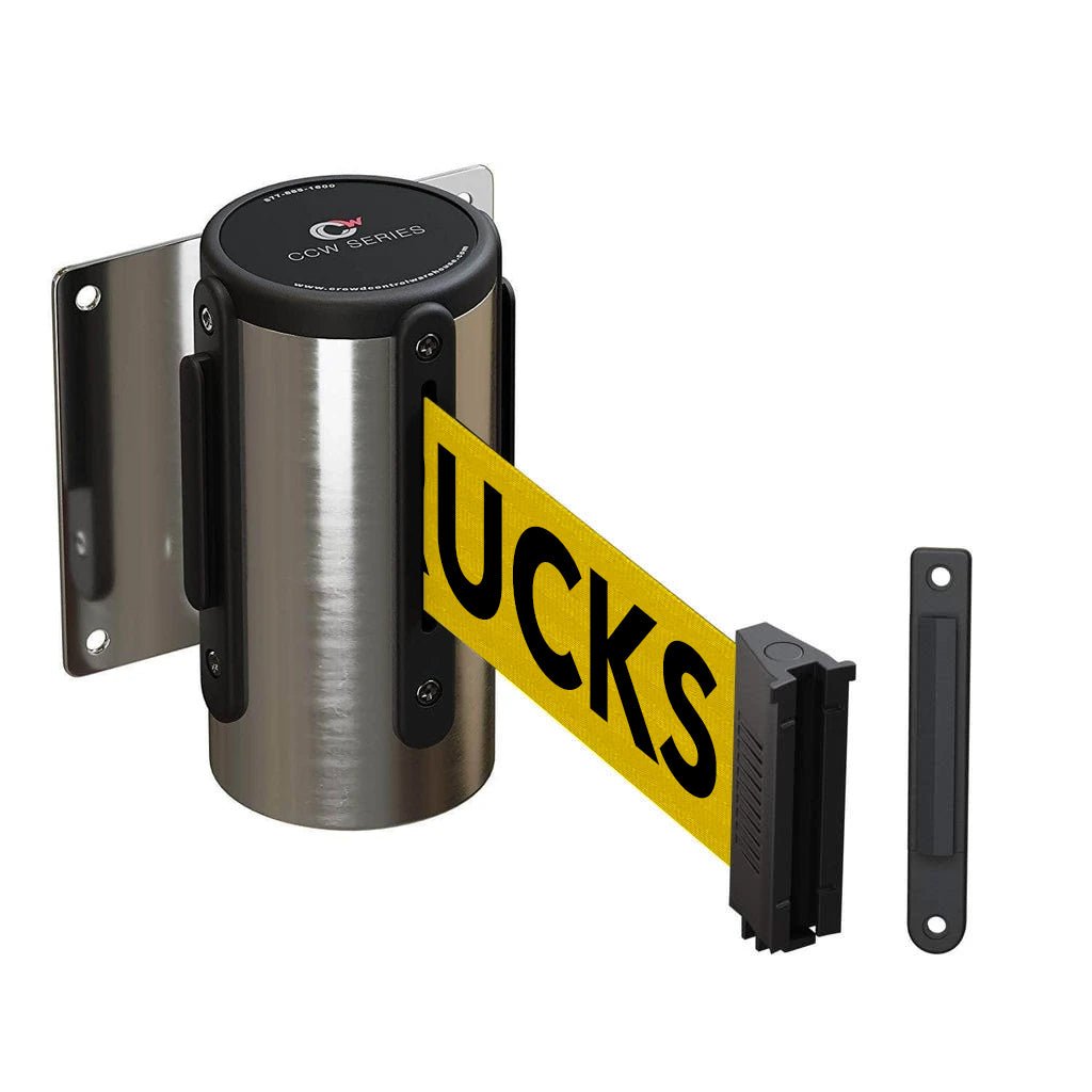 Wall Mounted Retractable Belt Barrier Fixed, Polished Stainless Steel Case, 8.5 and 11 Ft. Belt - CCW Series WMB - 120 - Crowd Control Warehouse