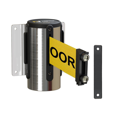 Wall Mounted Retractable Belt Barrier Fixed, Polished Stainless Steel Metal Case with Magnetic Belt End, 13 ft Belt - Montour Line WM115 - Crowd Control Warehouse