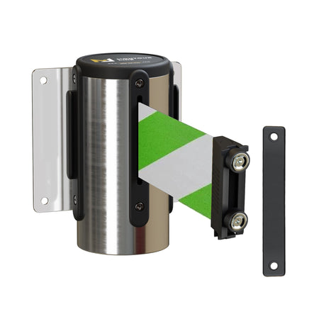 Wall Mounted Retractable Belt Barrier Fixed, Polished Stainless Steel Metal Case with Magnetic Belt End, 13 ft Belt - Montour Line WM115 - Crowd Control Warehouse