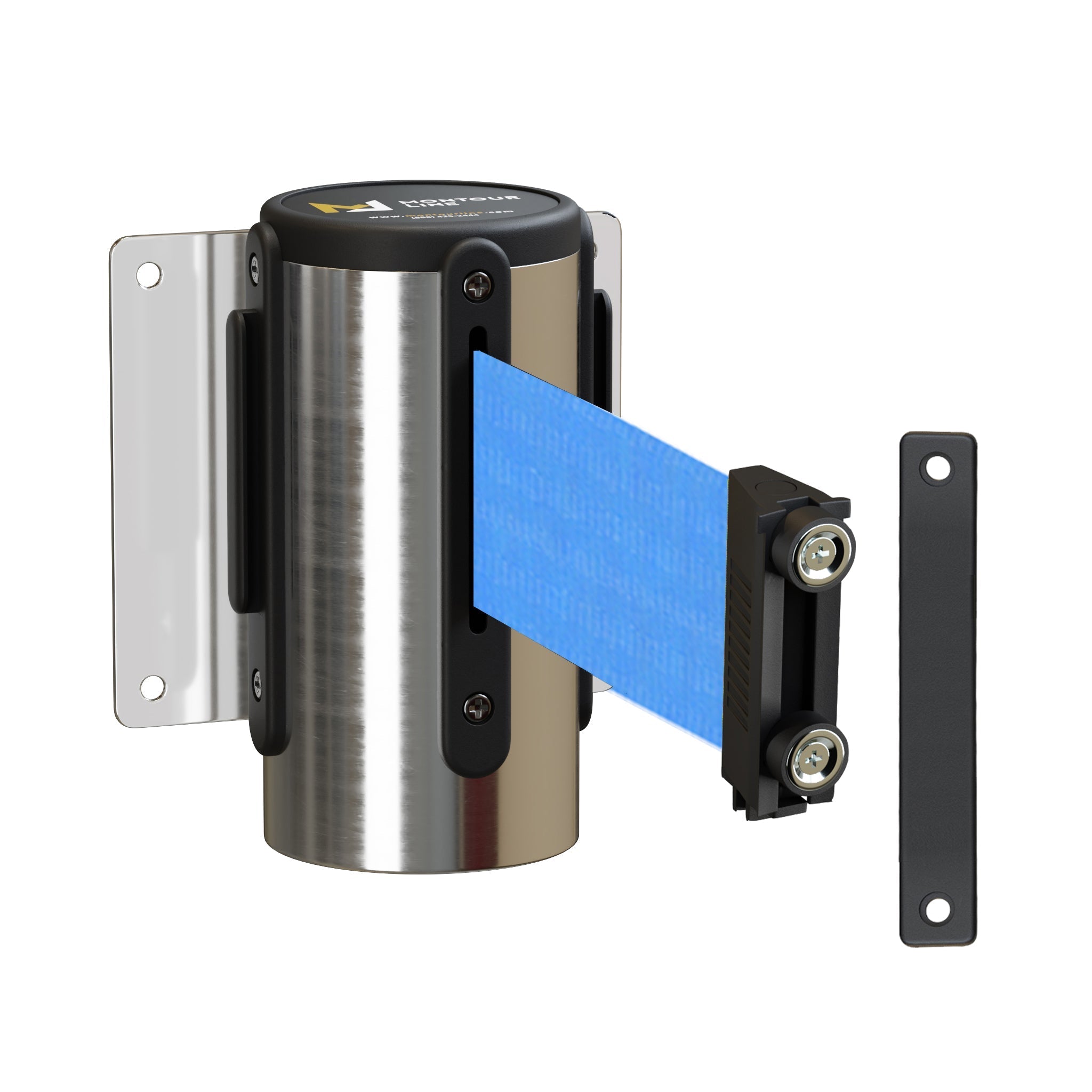 Wall Mounted Retractable Belt Barrier Fixed, Polished Stainless Steel Metal Case with Magnetic Belt End, 13 ft Belt - Montour Line WM115 - Crowd Control Warehouse