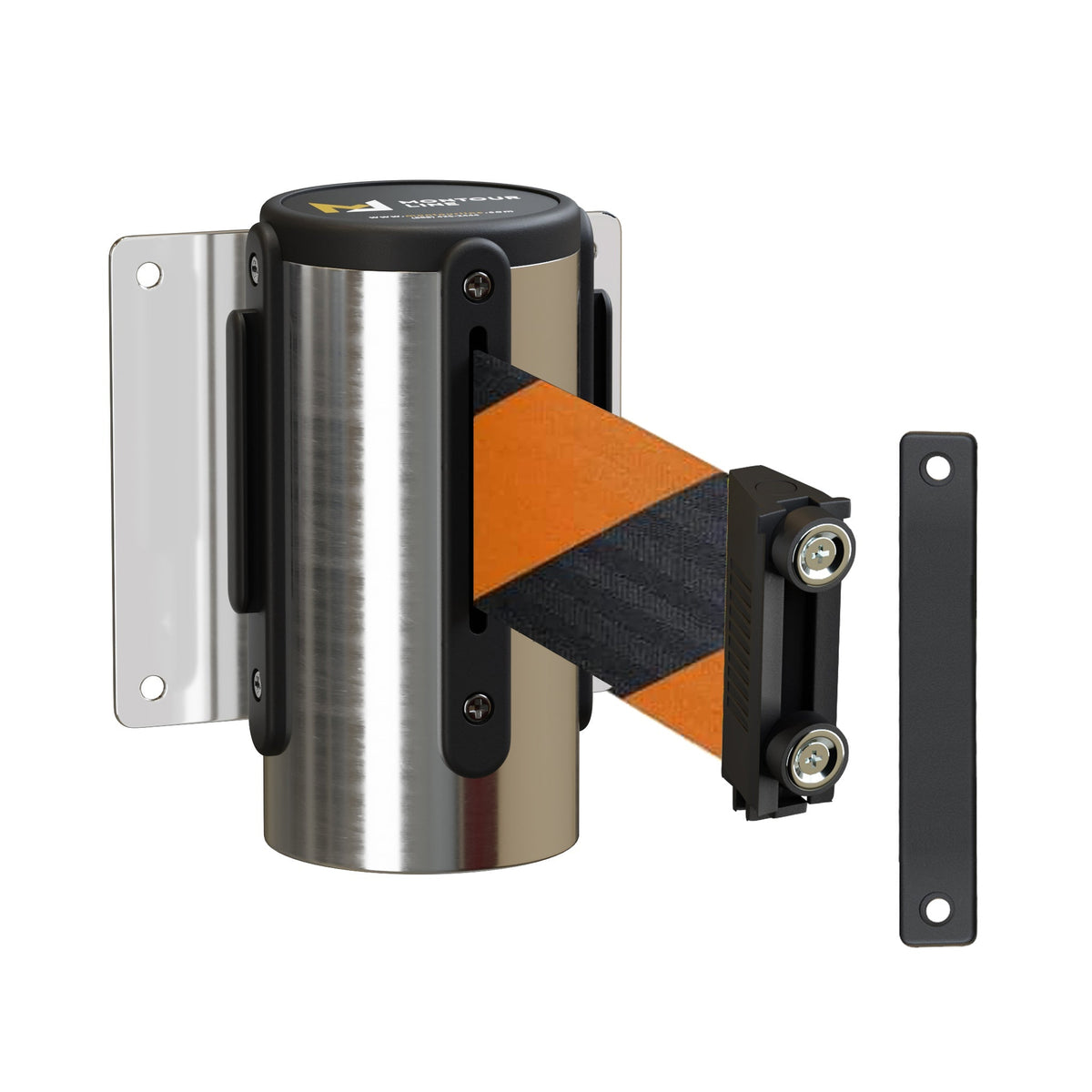 Wall Mounted Retractable Belt Barrier Fixed, Polished Stainless Steel Metal Case with Magnetic Belt End, 13 ft Belt - Montour Line WM115 - Crowd Control Warehouse