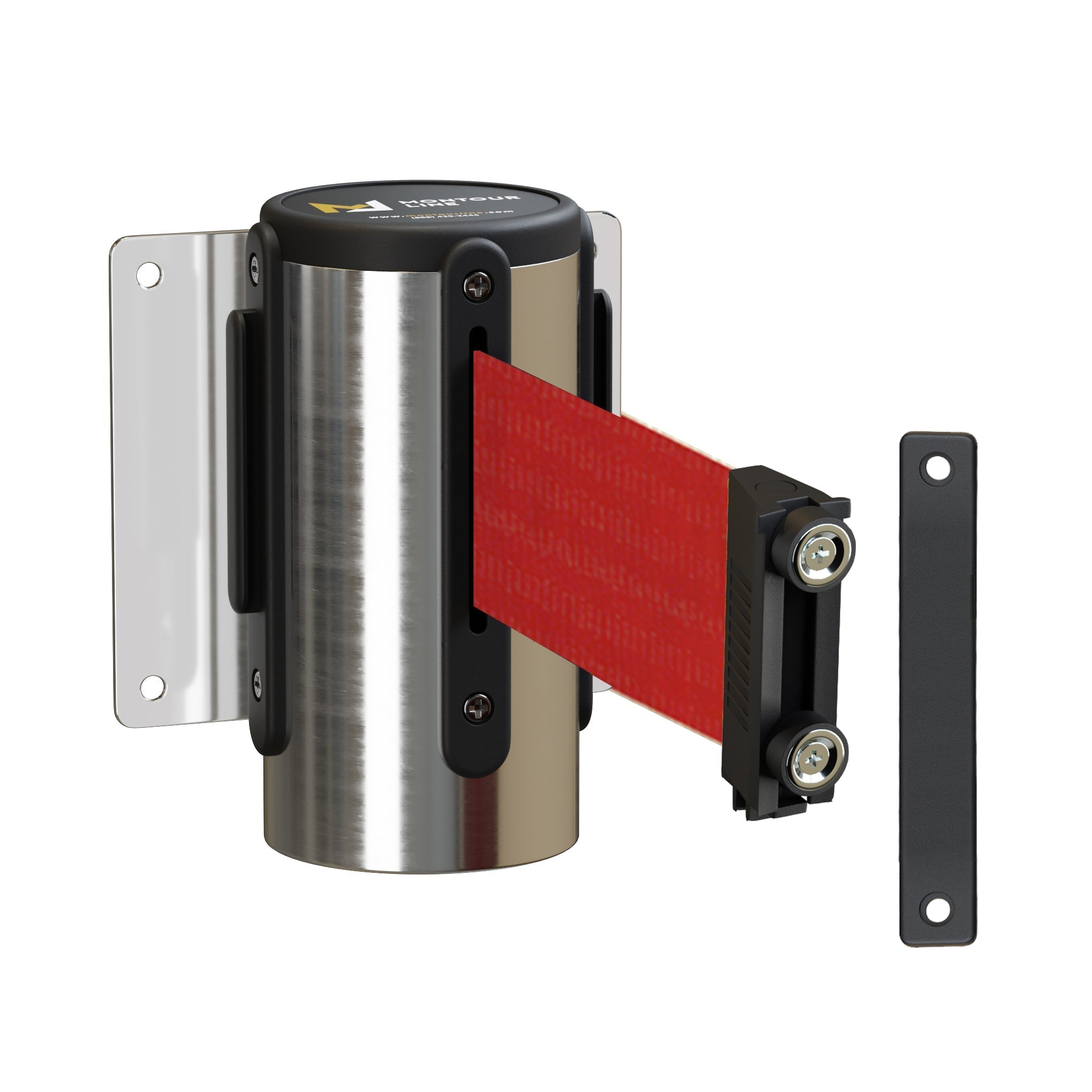 Wall Mounted Retractable Belt Barrier Fixed, Polished Stainless Steel Metal Case with Magnetic Belt End, 13 ft Belt - Montour Line WM115 - Crowd Control Warehouse