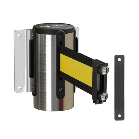 Wall Mounted Retractable Belt Barrier Fixed, Polished Stainless Steel Metal Case with Magnetic Belt End, 13 ft Belt - Montour Line WM115 - Crowd Control Warehouse