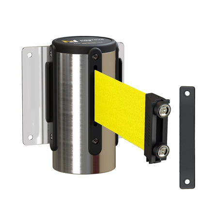 Wall Mounted Retractable Belt Barrier Fixed, Polished Stainless Steel Metal Case with Magnetic Belt End, 13 ft Belt - Montour Line WM115 - Crowd Control Warehouse