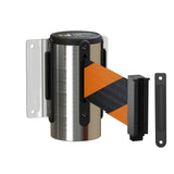 Wall Mounted Retractable Belt Barrier Fixed, Polished Stainless Steel Metal Case with Standard Belt End, 13 ft Belt - Montour Line WM115 - Crowd Control Warehouse