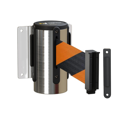 Wall Mounted Retractable Belt Barrier Fixed, Polished Stainless Steel Metal Case with Standard Belt End, 13 ft Belt - Montour Line WM115 - Crowd Control Warehouse