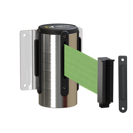 Wall Mounted Retractable Belt Barrier Fixed, Polished Stainless Steel Metal Case with Standard Belt End, 13 ft Belt - Montour Line WM115 - Crowd Control Warehouse