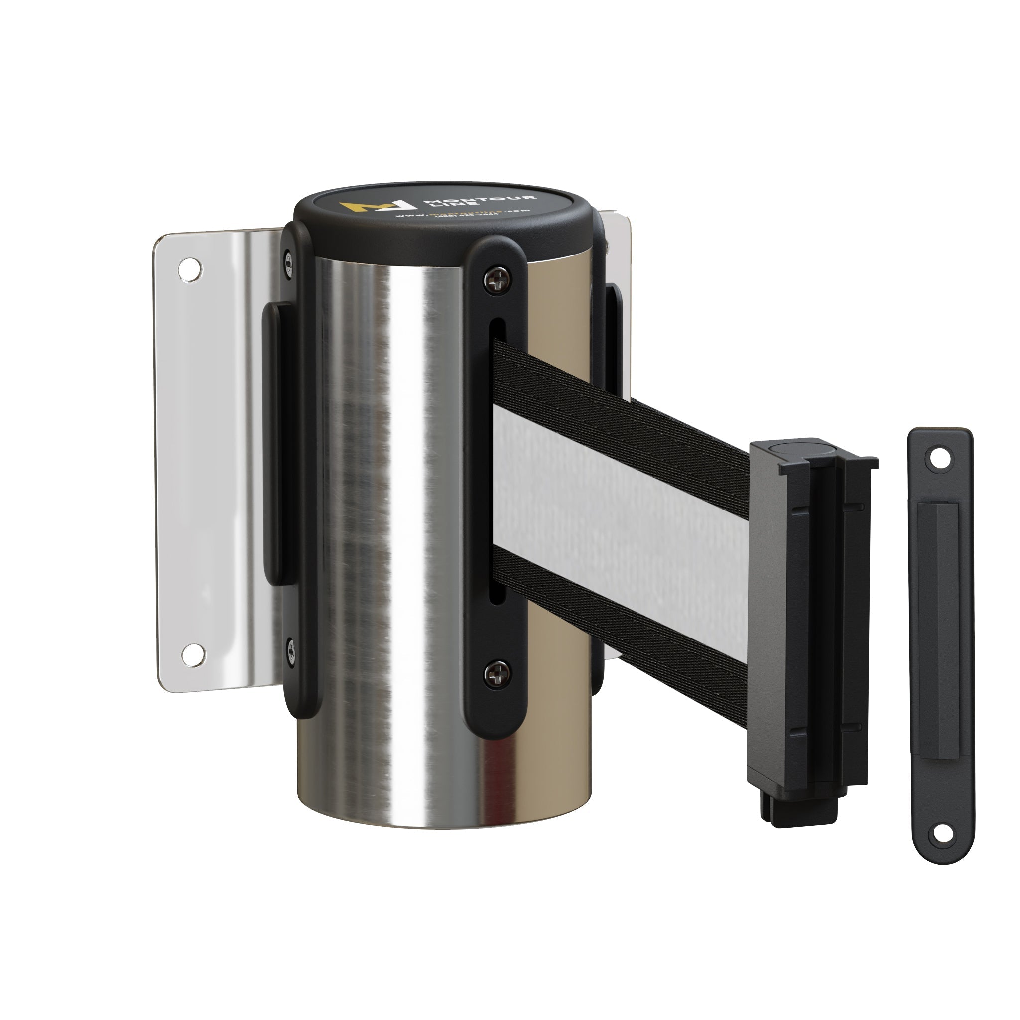 Wall Mounted Retractable Belt Barrier Fixed, Polished Stainless Steel Metal Case with Standard Belt End, 13 ft Belt - Montour Line WM115 - Crowd Control Warehouse