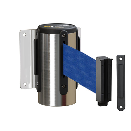 Wall Mounted Retractable Belt Barrier Fixed, Polished Stainless Steel Metal Case with Standard Belt End, 13 ft Belt - Montour Line WM115 - Crowd Control Warehouse