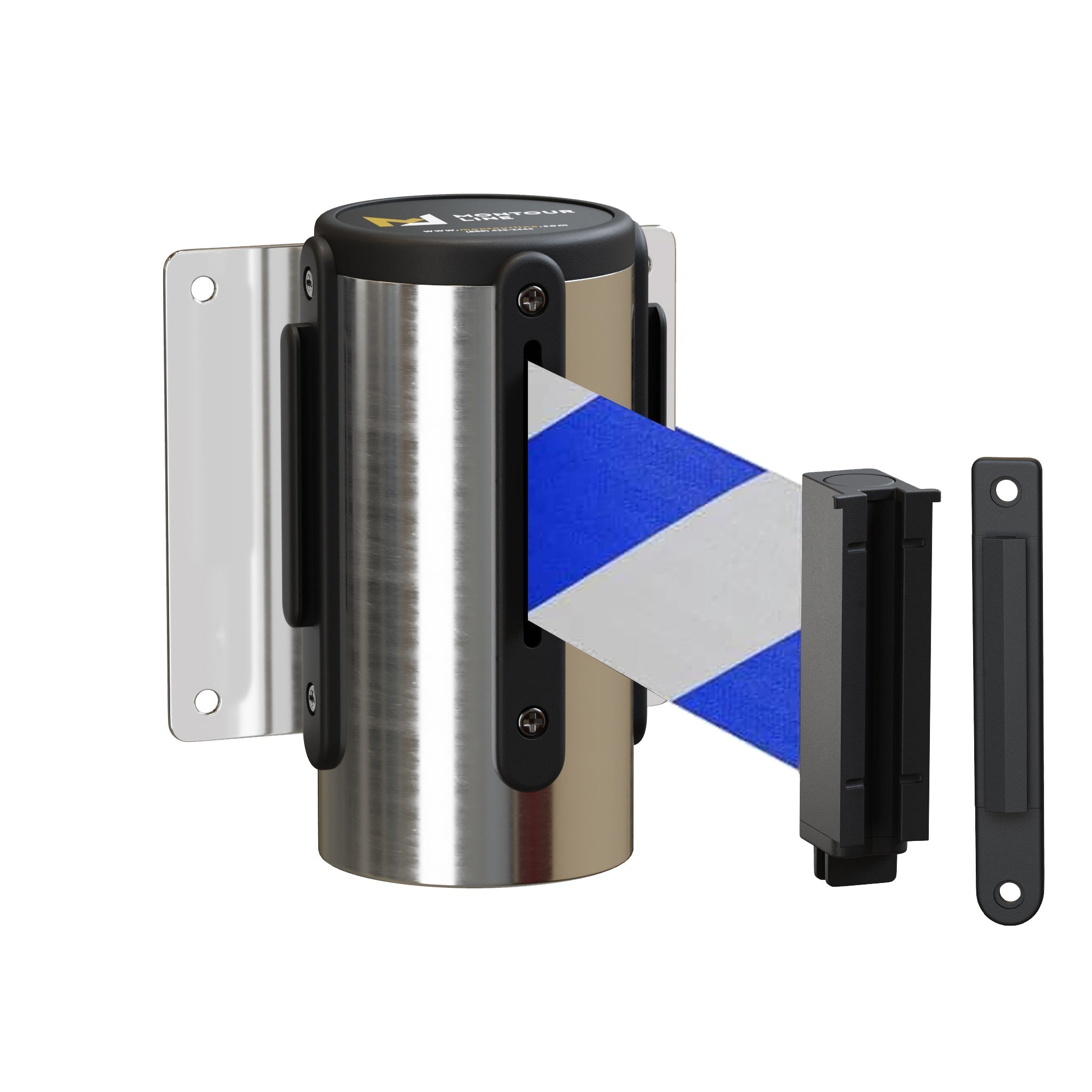 Wall Mounted Retractable Belt Barrier Fixed, Polished Stainless Steel Metal Case with Standard Belt End, 13 ft Belt - Montour Line WM115 - Crowd Control Warehouse