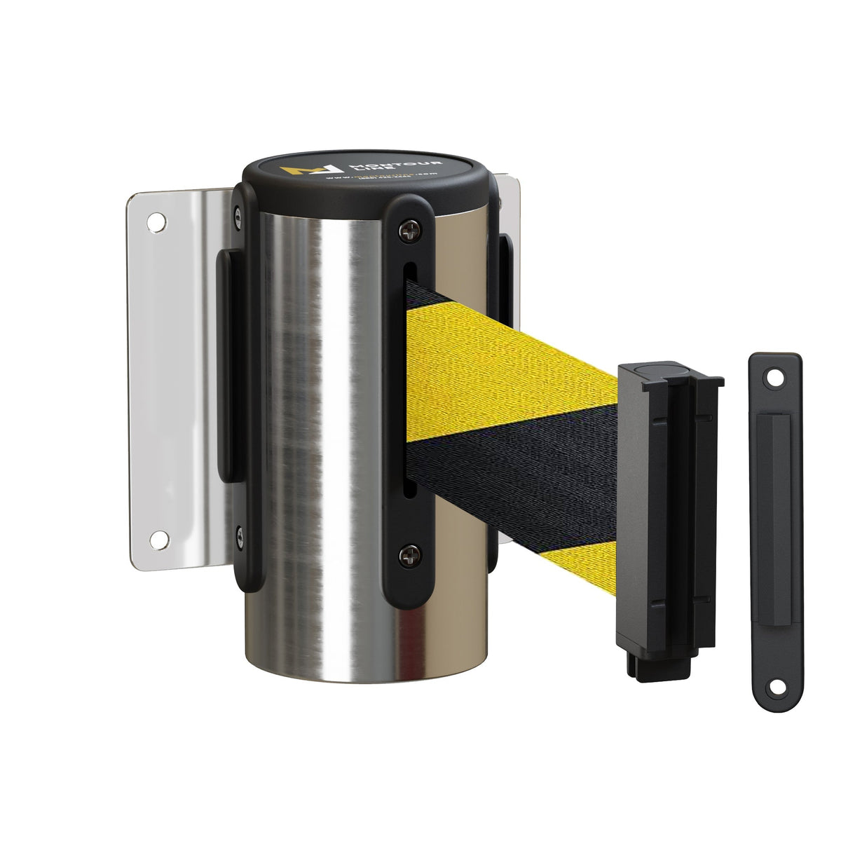 Wall Mounted Retractable Belt Barrier Fixed, Polished Stainless Steel Metal Case with Standard Belt End, 13 ft Belt - Montour Line WM115 - Crowd Control Warehouse