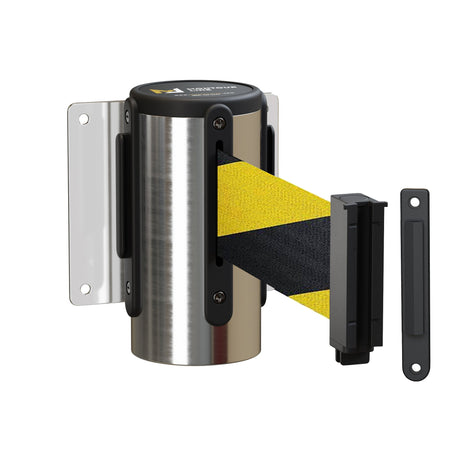 Wall Mounted Retractable Belt Barrier Fixed, Polished Stainless Steel Metal Case with Standard Belt End, 13 ft Belt - Montour Line WM115 - Crowd Control Warehouse