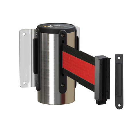 Wall Mounted Retractable Belt Barrier Fixed, Polished Stainless Steel Metal Case with Standard Belt End, 13 ft Belt - Montour Line WM115 - Crowd Control Warehouse