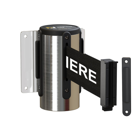 Wall Mounted Retractable Belt Barrier Fixed, Polished Stainless Steel Metal Case with Standard Belt End, 13 ft Belt - Montour Line WM115 - Crowd Control Warehouse