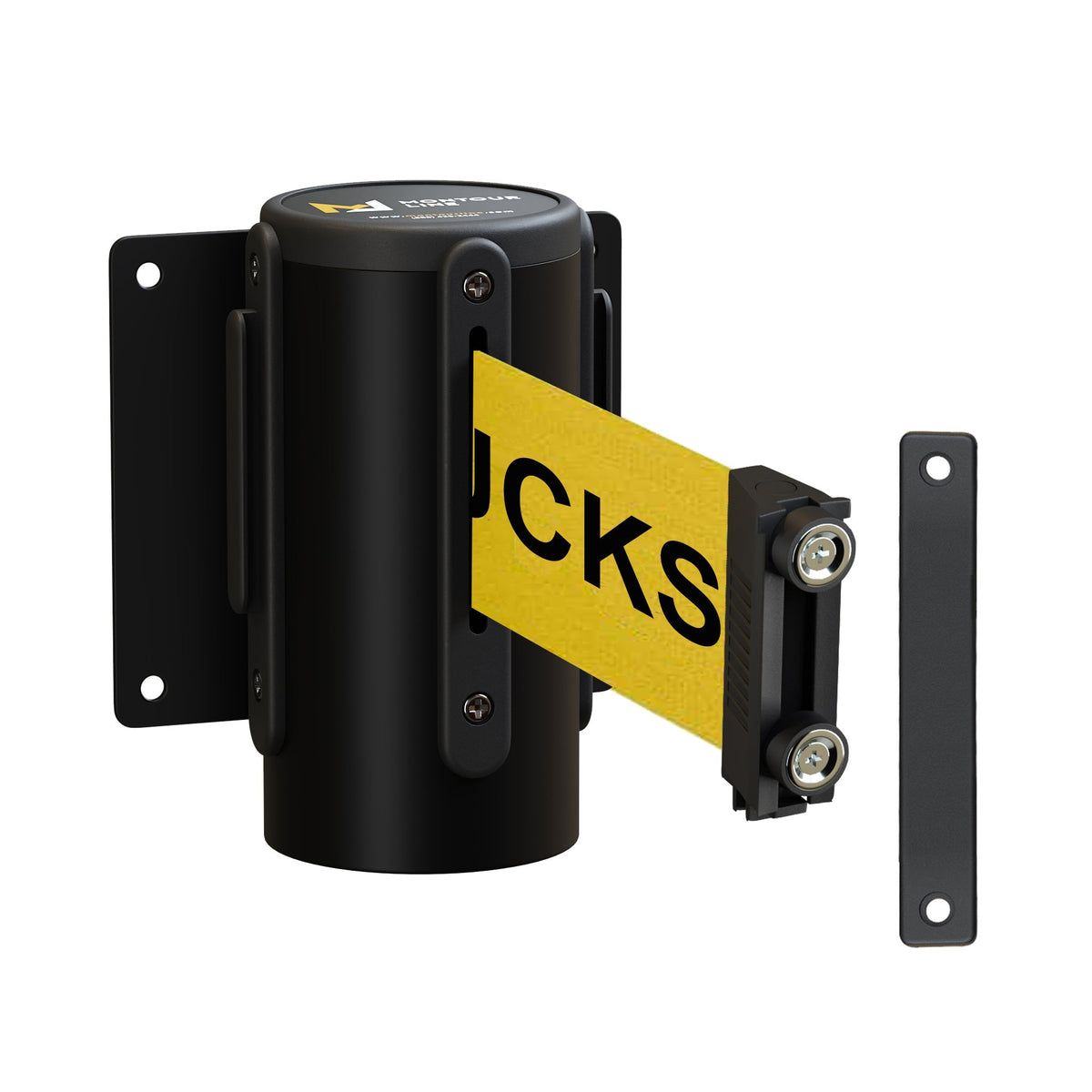 Wall Mounted Retractable Belt Barrier, Magnetic Mount, Black Casing with Magnetic Belt End, 11 ft Belt - Montour Line WM115 - Crowd Control Warehouse