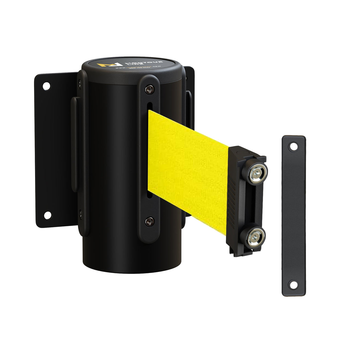 Wall Mounted Retractable Belt Barrier, Magnetic Mount, Black Casing with Magnetic Belt End, 11 ft Belt - Montour Line WM115 - Crowd Control Warehouse