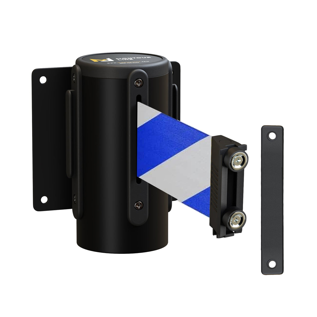 Wall Mounted Retractable Belt Barrier, Magnetic Mount, Black Casing with Magnetic Belt End, 11 ft Belt - Montour Line WM115 - Crowd Control Warehouse