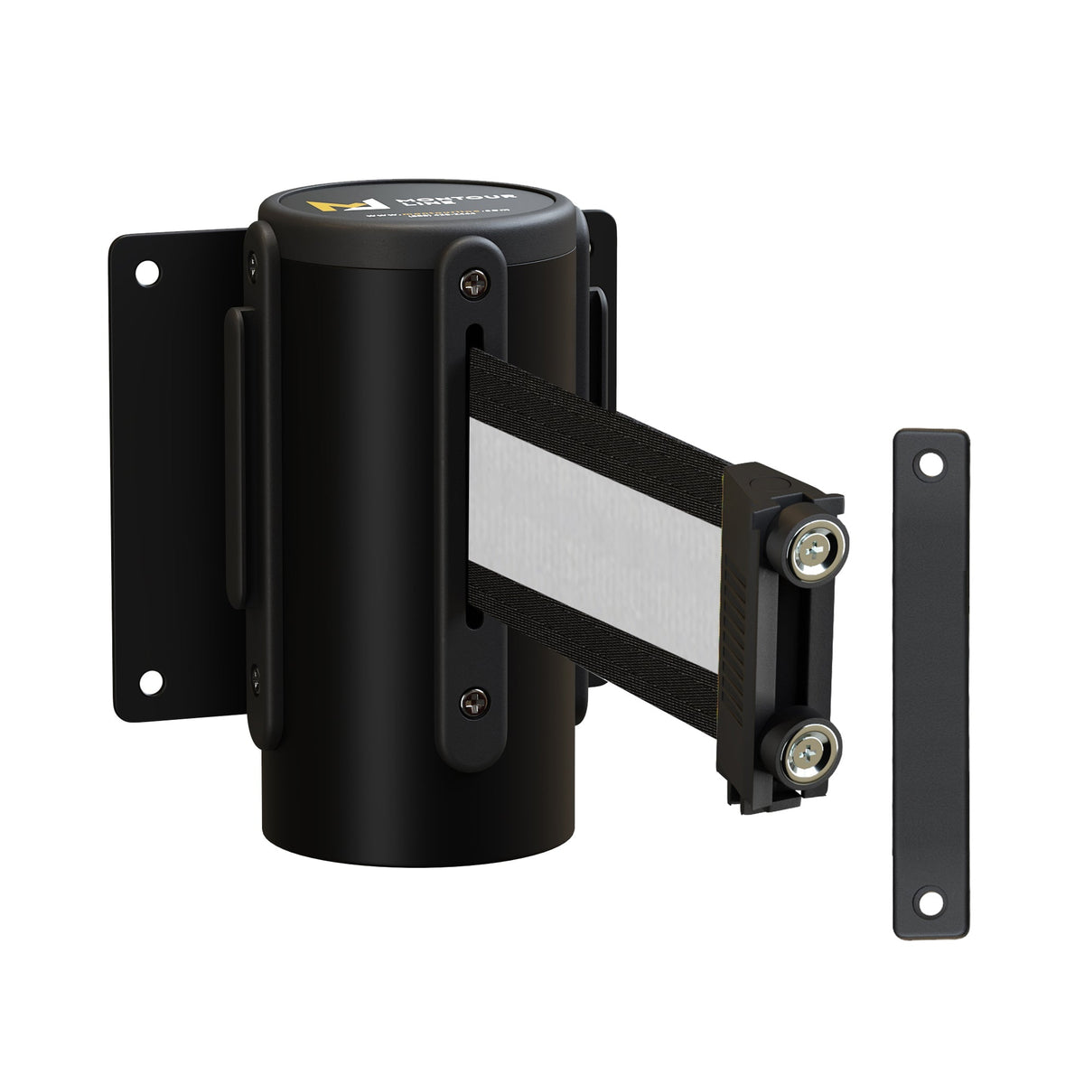 Wall Mounted Retractable Belt Barrier, Magnetic Mount, Black Casing with Magnetic Belt End, 13 ft Belt - Montour Line WM115 - Crowd Control Warehouse