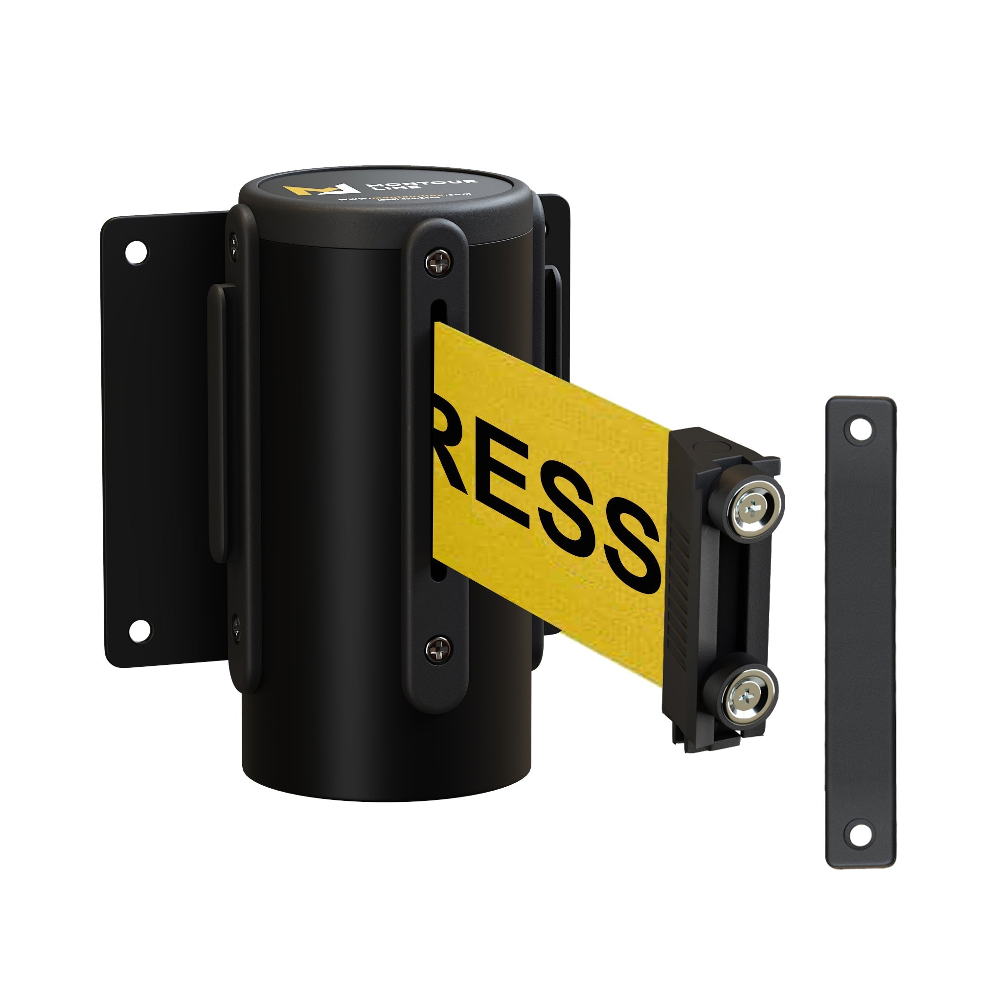 Wall Mounted Retractable Belt Barrier, Magnetic Mount, Black Casing with Magnetic Belt End, 13 ft Belt - Montour Line WM115 - Crowd Control Warehouse